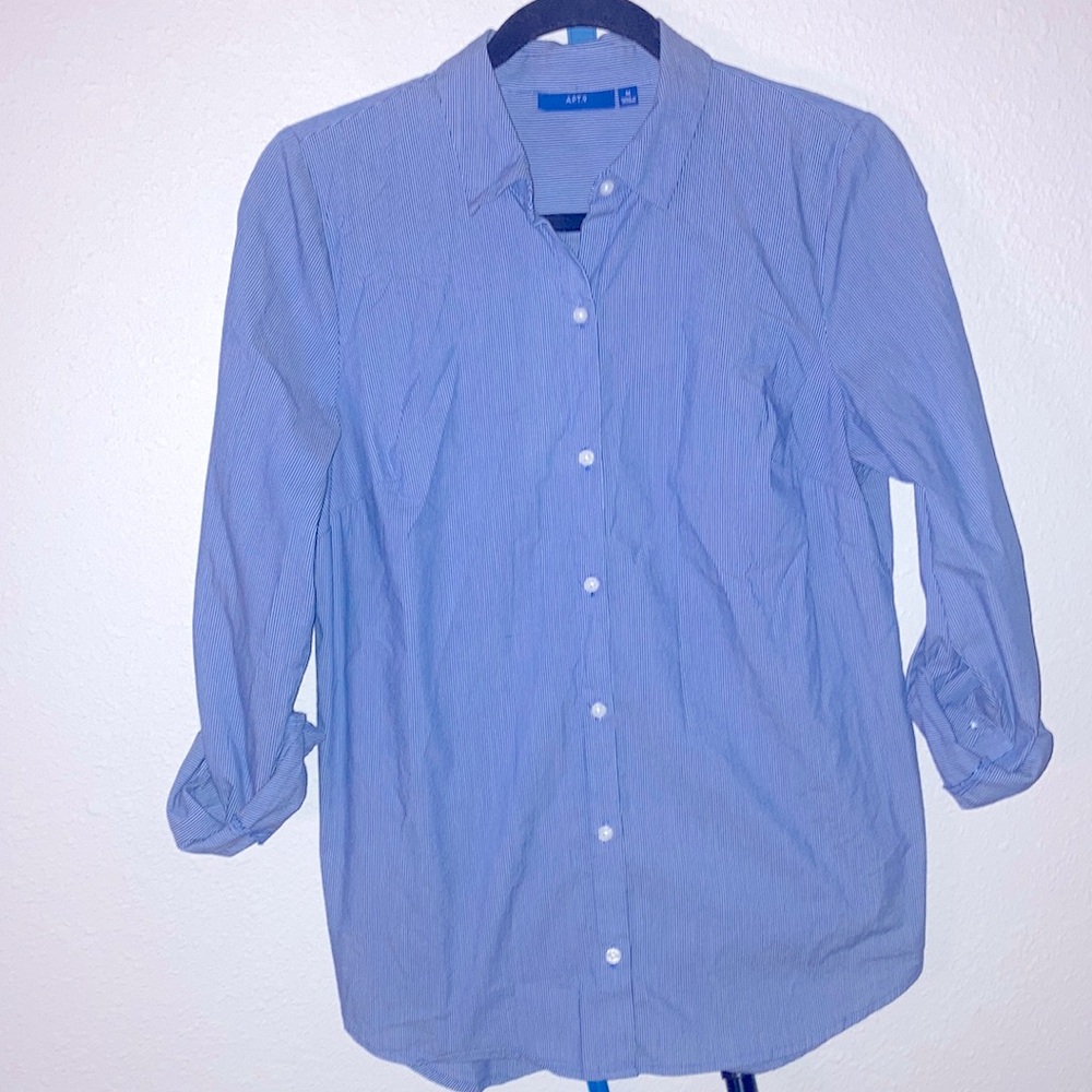 Blue and white striped button-up blouse
